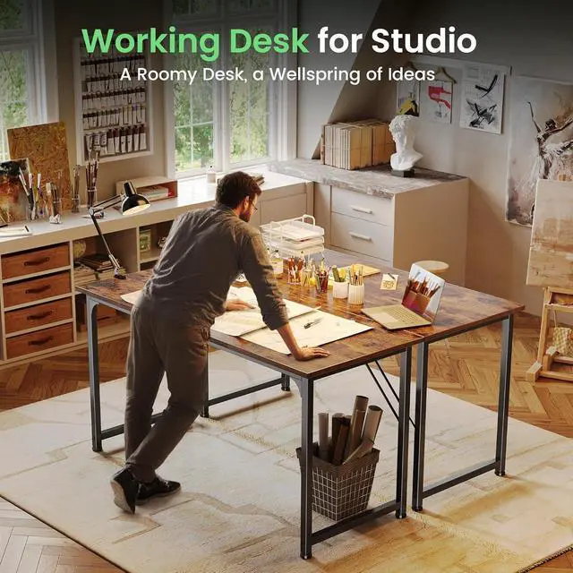 Alt view image 7 of 7 - 55 Inch Modern Computer Desk, Sturdy Metal Frame Home Office Writing Workstation, Spacious Desktop Gaming Desk with Large Legroom, Simple Industrial Study Desk for Bedroom Office Study, Rustic Brown