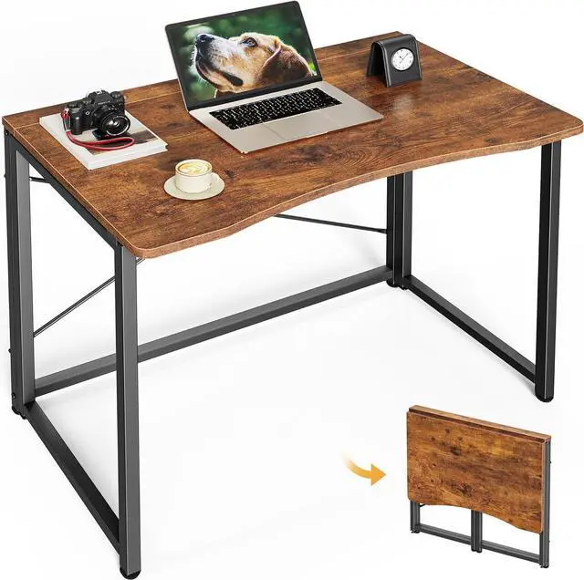 Main image of 31.5 Inch Rustic Brown Folding Computer Desk, X-Shape Steel Frame Sturdy Writing Table, Curved Edge Portable Foldable Workstation, Space Saving Study Desk for Home Office Bedroom Dorm Small Spaces