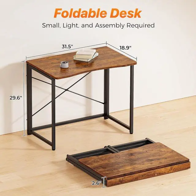 Alt view image 2 of 7 - 31.5 Inch Rustic Brown Folding Computer Desk, X-Shape Steel Frame Sturdy Writing Table, Curved Edge Portable Foldable Workstation, Space Saving Study Desk for Home Office Bedroom Dorm Small Spaces