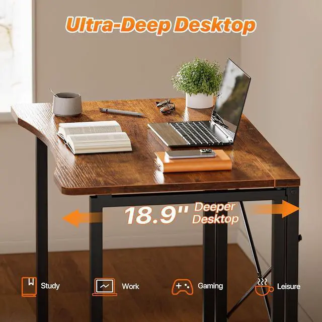 Alt view image 4 of 7 - 31.5 Inch Rustic Brown Folding Computer Desk, X-Shape Steel Frame Sturdy Writing Table, Curved Edge Portable Foldable Workstation, Space Saving Study Desk for Home Office Bedroom Dorm Small Spaces