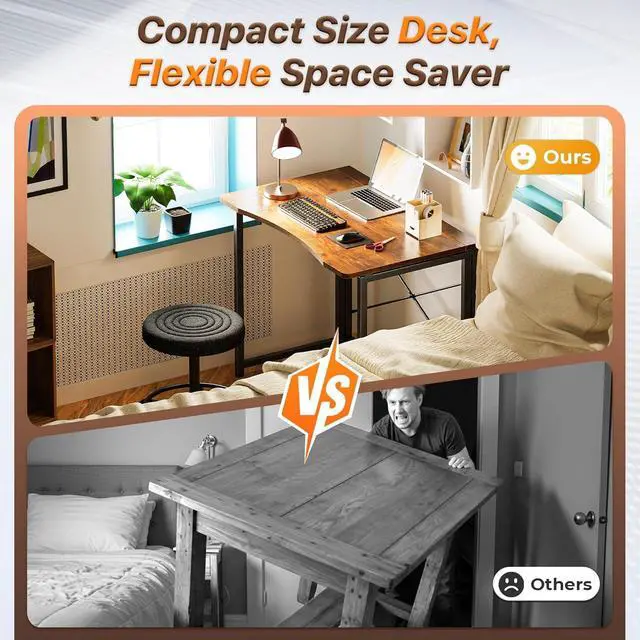 Alt view image 3 of 7 - 31.5 Inch Rustic Brown Folding Computer Desk, X-Shape Steel Frame Sturdy Writing Table, Curved Edge Portable Foldable Workstation, Space Saving Study Desk for Home Office Bedroom Dorm Small Spaces
