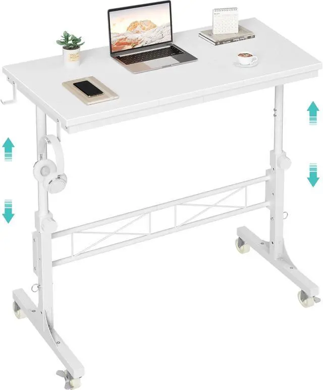 Main image of 32 Inch Portable Treadmill Walking Pad Desk on Wheels, White Adjustable Height Mobile Rolling Standing Desk, Laptop Stand Up Table for Bedroom Couch Sofa Side