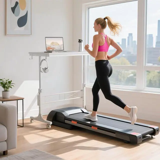 Alt view image 2 of 7 - 32 Inch Portable Treadmill Walking Pad Desk on Wheels, White Adjustable Height Mobile Rolling Standing Desk, Laptop Stand Up Table for Bedroom Couch Sofa Side