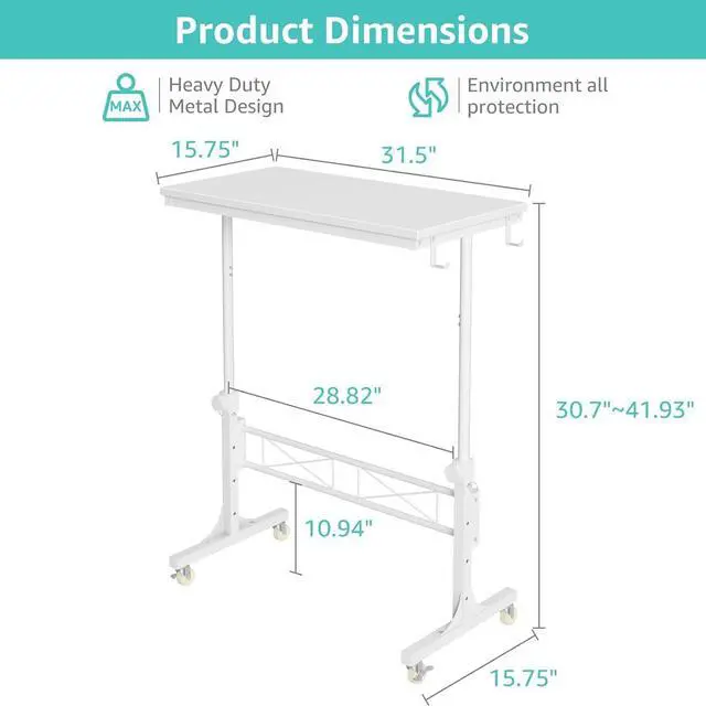 Alt view image 3 of 7 - 32 Inch Portable Treadmill Walking Pad Desk on Wheels, White Adjustable Height Mobile Rolling Standing Desk, Laptop Stand Up Table for Bedroom Couch Sofa Side