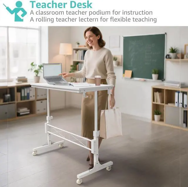 Alt view image 4 of 7 - 32 Inch Portable Treadmill Walking Pad Desk on Wheels, White Adjustable Height Mobile Rolling Standing Desk, Laptop Stand Up Table for Bedroom Couch Sofa Side