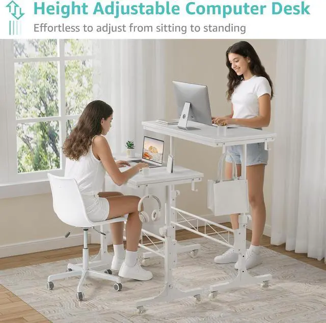 Alt view image 5 of 7 - 32 Inch Portable Treadmill Walking Pad Desk on Wheels, White Adjustable Height Mobile Rolling Standing Desk, Laptop Stand Up Table for Bedroom Couch Sofa Side