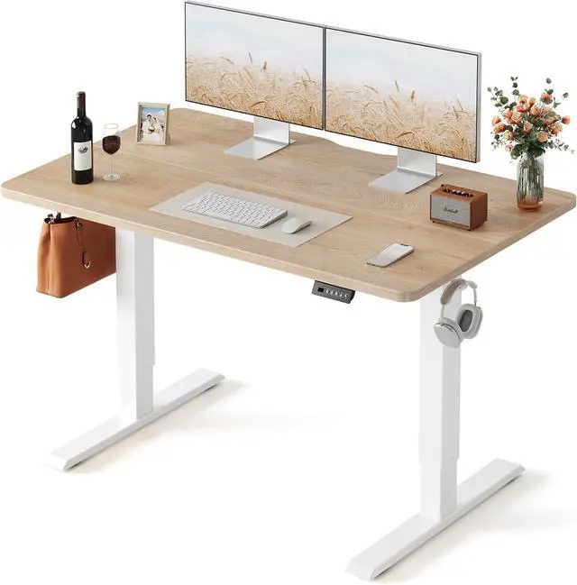 Main image of 48×24 Inches Electric Height Adjustable Standing Desk Sit Stand Computer Office Desk With Splice Board 3 Memory Presets White Frame Maple Top For Home Office