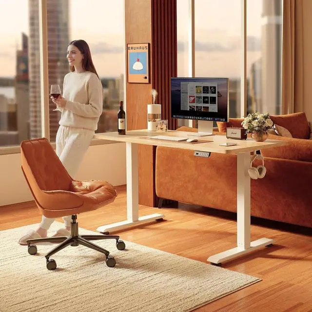 Alt view image 2 of 7 - 48×24 Inches Electric Height Adjustable Standing Desk Sit Stand Computer Office Desk With Splice Board 3 Memory Presets White Frame Maple Top For Home Office