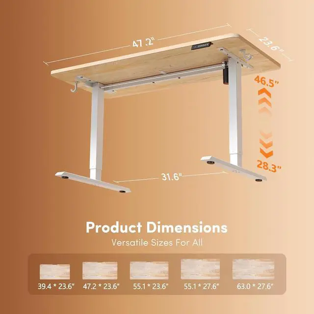 Alt view image 3 of 7 - 48×24 Inches Electric Height Adjustable Standing Desk Sit Stand Computer Office Desk With Splice Board 3 Memory Presets White Frame Maple Top For Home Office
