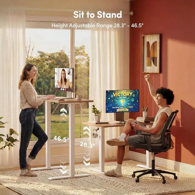 Alt view image 5 of 7 - 48×24 Inches Electric Height Adjustable Standing Desk Sit Stand Computer Office Desk With Splice Board 3 Memory Presets White Frame Maple Top For Home Office