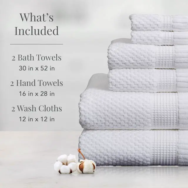Alt view image 2 of 7 - 6 Piece Cotton Bath Towel Set Quick Drying Highly Absorbent 600GSM Soft Textured Bathroom Towels Includes 2 Bath Towels 2 Hand Towels 2 Washcloths for Home Hotel Shower Daily Use White