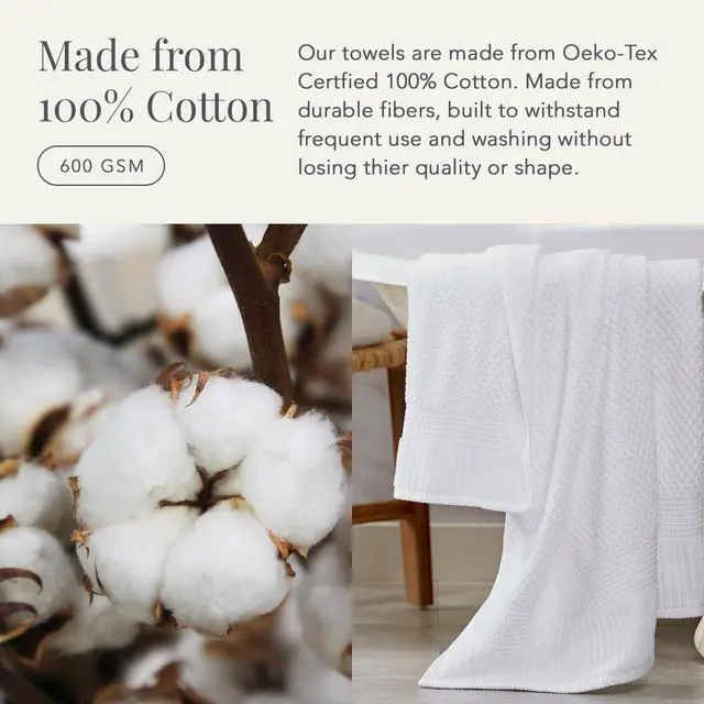 Alt view image 4 of 7 - 6 Piece Cotton Bath Towel Set Quick Drying Highly Absorbent 600GSM Soft Textured Bathroom Towels Includes 2 Bath Towels 2 Hand Towels 2 Washcloths for Home Hotel Shower Daily Use White