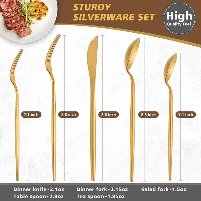 Alt view image 2 of 5 - 60-Piece Matte Gold Stainless Steel Flatware Set for 12, Satin Finish Rust Resistant Kitchen Utensils, Dishwasher Safe Elegant Tableware Cutlery Set for Home Dining and Parties