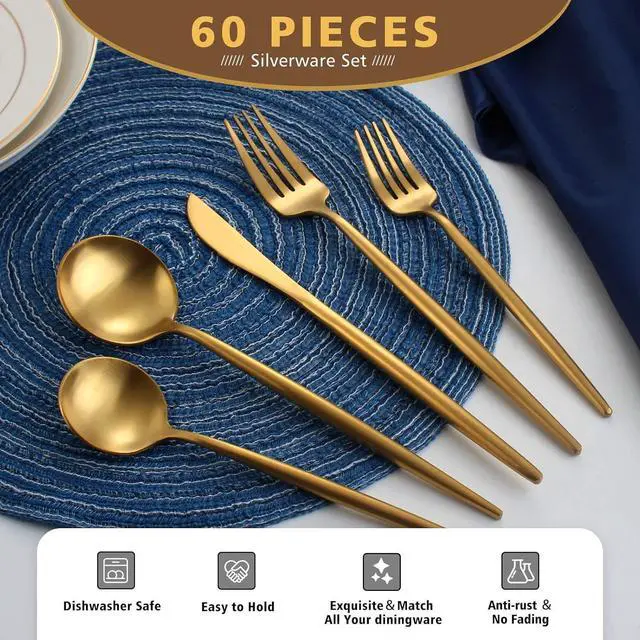 Alt view image 3 of 5 - 60-Piece Matte Gold Stainless Steel Flatware Set for 12, Satin Finish Rust Resistant Kitchen Utensils, Dishwasher Safe Elegant Tableware Cutlery Set for Home Dining and Parties