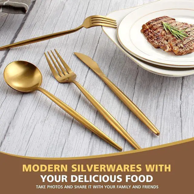 Alt view image 4 of 5 - 60-Piece Matte Gold Stainless Steel Flatware Set for 12, Satin Finish Rust Resistant Kitchen Utensils, Dishwasher Safe Elegant Tableware Cutlery Set for Home Dining and Parties