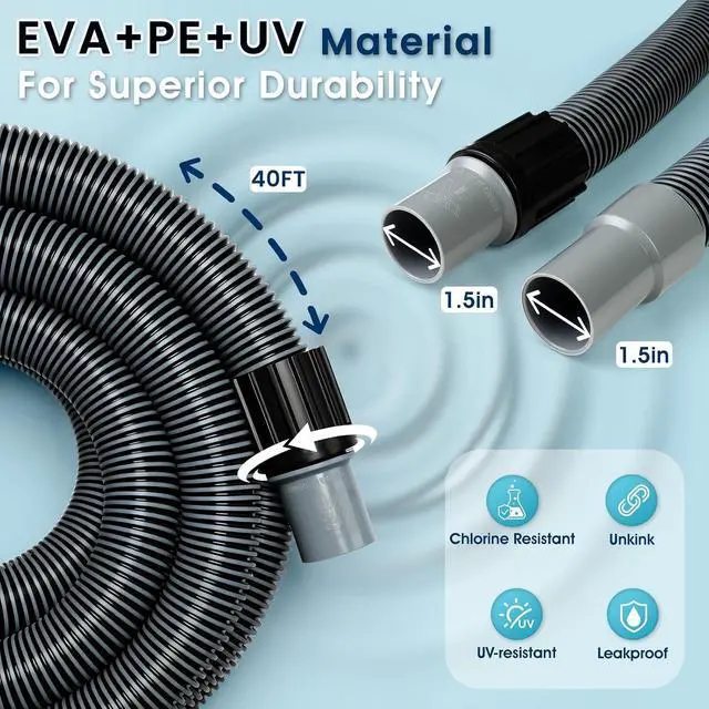 Alt view image 3 of 6 - Heavy Duty Flexible Pool Vacuum Hose with 360 Swivel Cuff & Weighted 14 Inch Vacuum Head, 1-1/2 Inch Diameter Hose Compatible for Inground Above Ground Swimming Pools