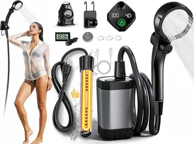 Main image of Portable Heated Camping Shower with 2000W Immersion Heater, 6000mAh Rechargeable Pump, LED Display and 3 Spray Modes for Outdoor Car Camping Pet Washing