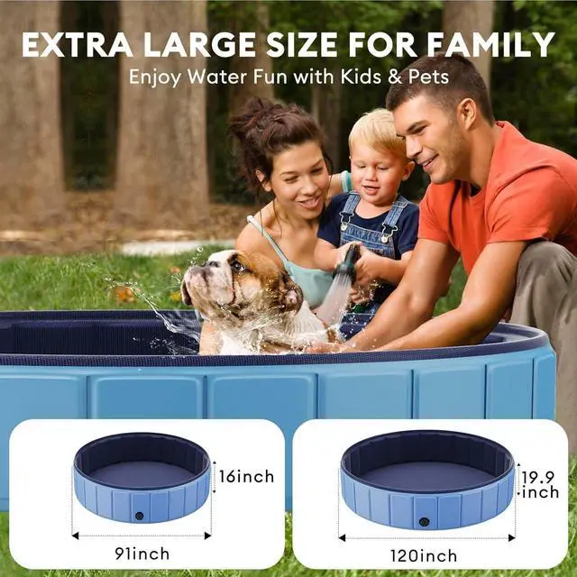 Alt view image 3 of 7 - 91 Foldable Dog Pool for Large Dogs, Collapsible Hard-Side Swimming Pool, Leakproof PVC Portable Pet Bath Tub & Kiddie Pool, Non-Slip Bottom, Indoor & Outdoor, Blue