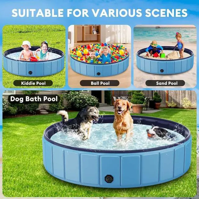 Alt view image 4 of 7 - 91 Foldable Dog Pool for Large Dogs, Collapsible Hard-Side Swimming Pool, Leakproof PVC Portable Pet Bath Tub & Kiddie Pool, Non-Slip Bottom, Indoor & Outdoor, Blue