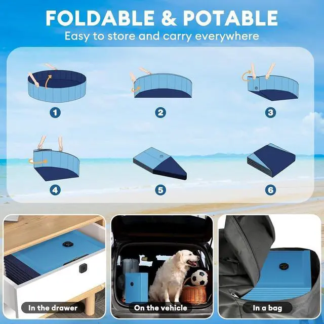 Alt view image 5 of 7 - 91 Foldable Dog Pool for Large Dogs, Collapsible Hard-Side Swimming Pool, Leakproof PVC Portable Pet Bath Tub & Kiddie Pool, Non-Slip Bottom, Indoor & Outdoor, Blue