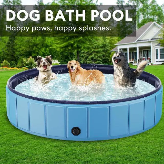 Alt view image 7 of 7 - 91 Foldable Dog Pool for Large Dogs, Collapsible Hard-Side Swimming Pool, Leakproof PVC Portable Pet Bath Tub & Kiddie Pool, Non-Slip Bottom, Indoor & Outdoor, Blue