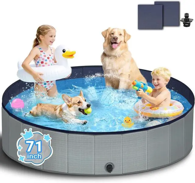 Main image of 71" Foldable Dog Pool with Hard Plastic, Non-Slip Thickened Bottom, Portable Kiddie Pool for Large Dogs, Pets & Kids, Gray