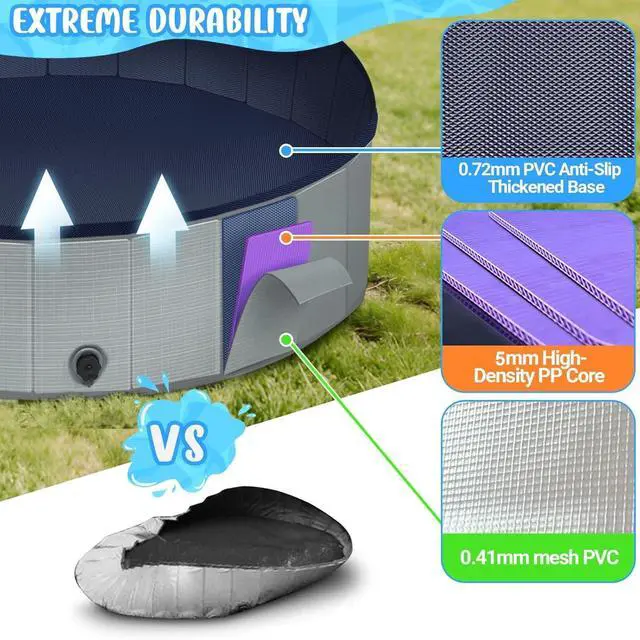 Alt view image 3 of 7 - 71" Foldable Dog Pool with Hard Plastic, Non-Slip Thickened Bottom, Portable Kiddie Pool for Large Dogs, Pets & Kids, Gray