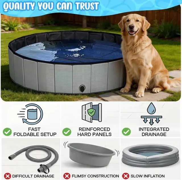 Alt view image 4 of 7 - 71" Foldable Dog Pool with Hard Plastic, Non-Slip Thickened Bottom, Portable Kiddie Pool for Large Dogs, Pets & Kids, Gray