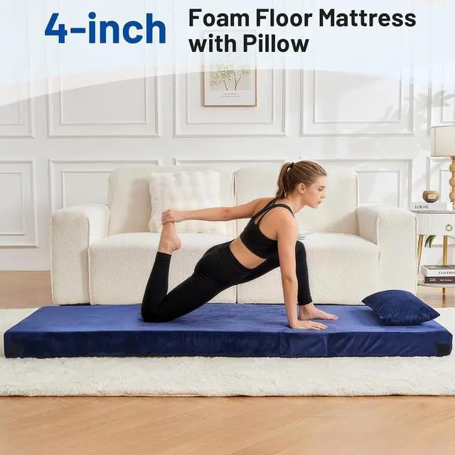 Alt view image 2 of 7 - 4 Inch Thick Memory Foam Camping Mattress Pad with Built-in Pillow Waterproof Velvet Roll Up Sleeping Mat Non Slip Portable Bed Topper with Storage Bag for Tent Car RV Indoor Outdoor Use