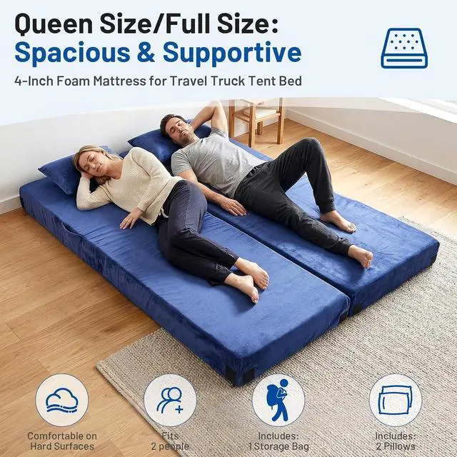 Alt view image 4 of 7 - 4 Inch Thick Memory Foam Camping Mattress Pad with Built-in Pillow Waterproof Velvet Roll Up Sleeping Mat Non Slip Portable Bed Topper with Storage Bag for Tent Car RV Indoor Outdoor Use