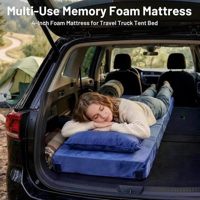 Alt view image 6 of 7 - 4 Inch Thick Memory Foam Camping Mattress Pad with Built-in Pillow Waterproof Velvet Roll Up Sleeping Mat Non Slip Portable Bed Topper with Storage Bag for Tent Car RV Indoor Outdoor Use