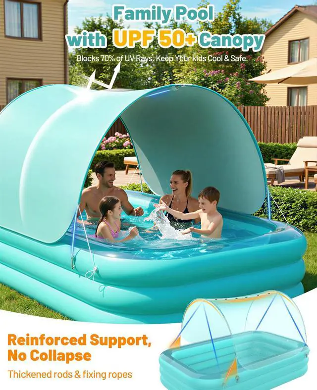 Alt view image 2 of 6 - 102" x 65" x 22" Inflatable Pool with Canopy, 3-Chamber Large Blow Up Pool for Adults & Family, 0.35mm Reinforced PVC, Green, for Backyard Garden Party
