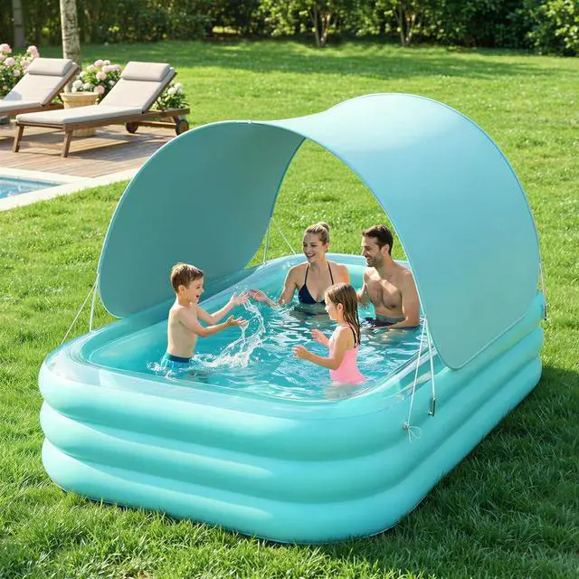 Main image of 102" x 65" x 22" Inflatable Pool with Canopy, 3-Chamber Large Blow Up Pool for Adults & Family, 0.35mm Reinforced PVC, Green, for Backyard Garden Party