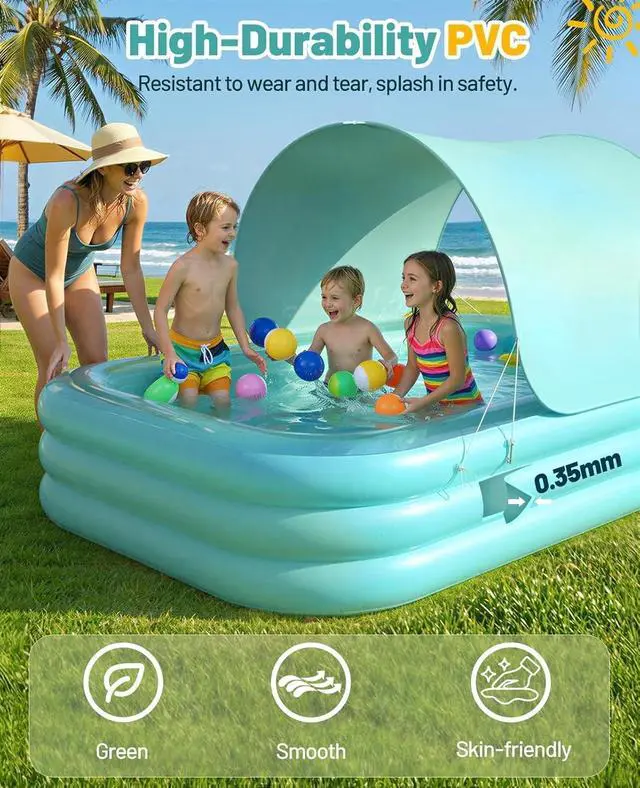 Alt view image 3 of 6 - 102" x 65" x 22" Inflatable Pool with Canopy, 3-Chamber Large Blow Up Pool for Adults & Family, 0.35mm Reinforced PVC, Green, for Backyard Garden Party