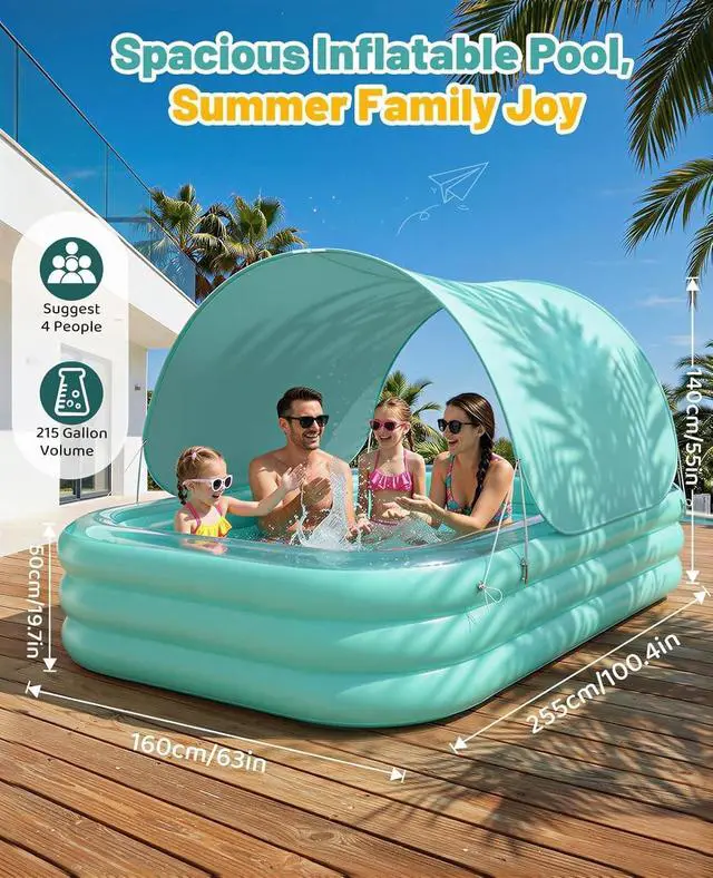 Alt view image 4 of 6 - 102" x 65" x 22" Inflatable Pool with Canopy, 3-Chamber Large Blow Up Pool for Adults & Family, 0.35mm Reinforced PVC, Green, for Backyard Garden Party