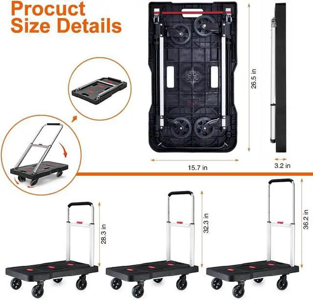 Alt view image 2 of 7 - Folding Utility Platform Dolly Cart 330 LB Load Capacity Adjustable Telescopic Handle Fold Flat Portable Wheeled Trolley for Garage Shopping Home Office Moving