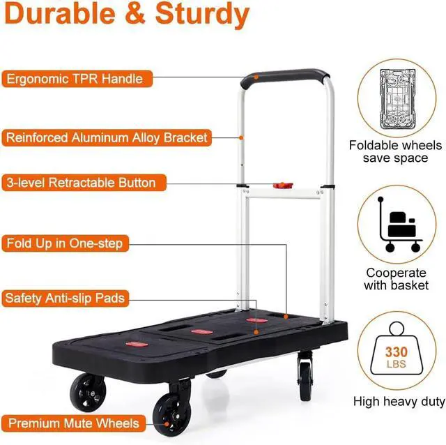 Alt view image 3 of 7 - Folding Utility Platform Dolly Cart 330 LB Load Capacity Adjustable Telescopic Handle Fold Flat Portable Wheeled Trolley for Garage Shopping Home Office Moving