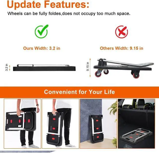Alt view image 4 of 7 - Folding Utility Platform Dolly Cart 330 LB Load Capacity Adjustable Telescopic Handle Fold Flat Portable Wheeled Trolley for Garage Shopping Home Office Moving