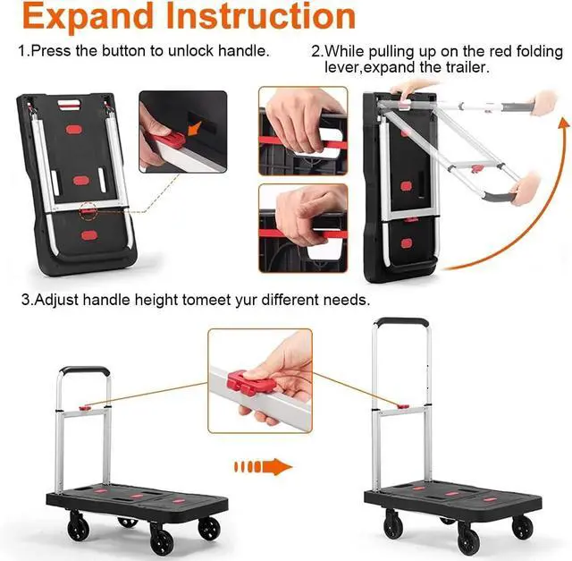 Alt view image 5 of 7 - Folding Utility Platform Dolly Cart 330 LB Load Capacity Adjustable Telescopic Handle Fold Flat Portable Wheeled Trolley for Garage Shopping Home Office Moving