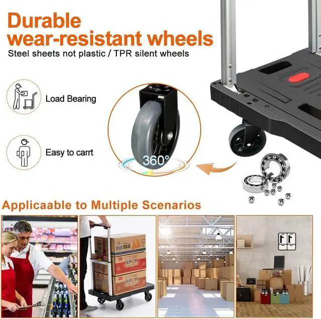 Alt view image 6 of 7 - Folding Utility Platform Dolly Cart 330 LB Load Capacity Adjustable Telescopic Handle Fold Flat Portable Wheeled Trolley for Garage Shopping Home Office Moving