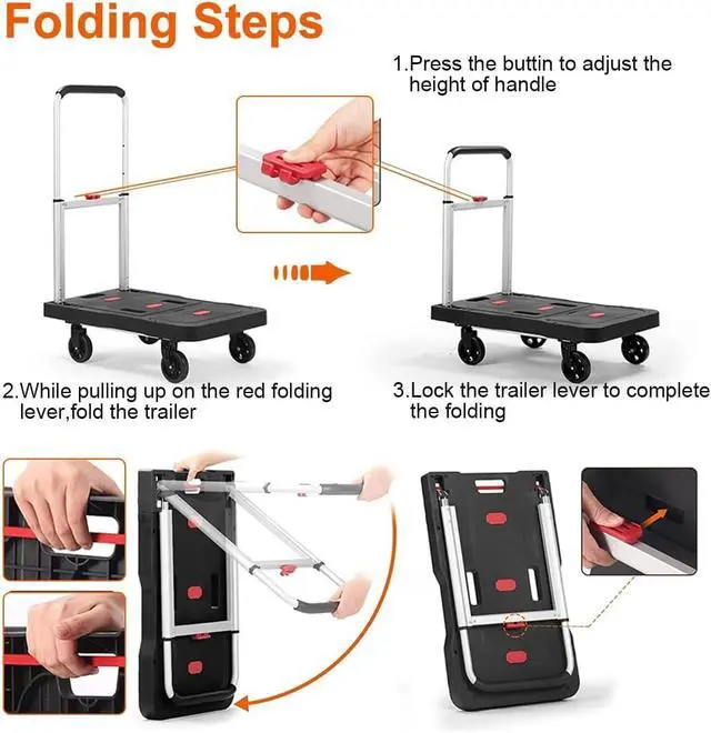Alt view image 7 of 7 - Folding Utility Platform Dolly Cart 330 LB Load Capacity Adjustable Telescopic Handle Fold Flat Portable Wheeled Trolley for Garage Shopping Home Office Moving