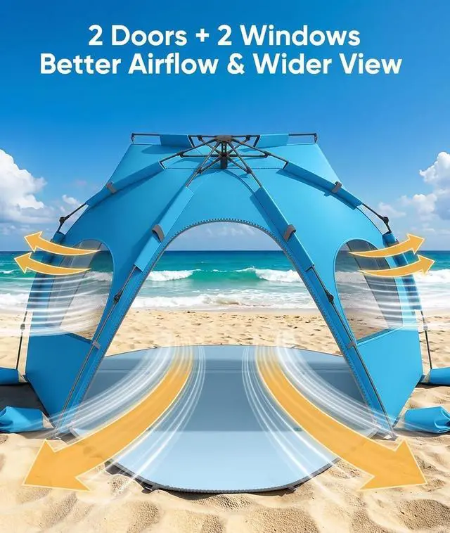 Alt view image 2 of 7 - 3-4 Person Pop Up Beach Tent Sun Shelter with UPF 30+ UV Protection, Portable Sun Shade Canopy with Breathable Mesh Windows and Carrying Bag for Outdoor Beach Park Use