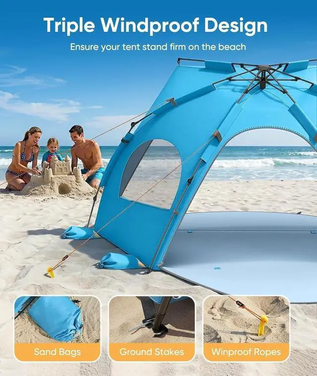 Alt view image 4 of 7 - 3-4 Person Pop Up Beach Tent Sun Shelter with UPF 30+ UV Protection, Portable Sun Shade Canopy with Breathable Mesh Windows and Carrying Bag for Outdoor Beach Park Use