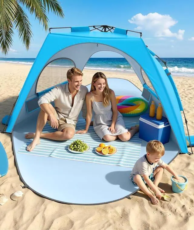 Alt view image 6 of 7 - 3-4 Person Pop Up Beach Tent Sun Shelter with UPF 30+ UV Protection, Portable Sun Shade Canopy with Breathable Mesh Windows and Carrying Bag for Outdoor Beach Park Use