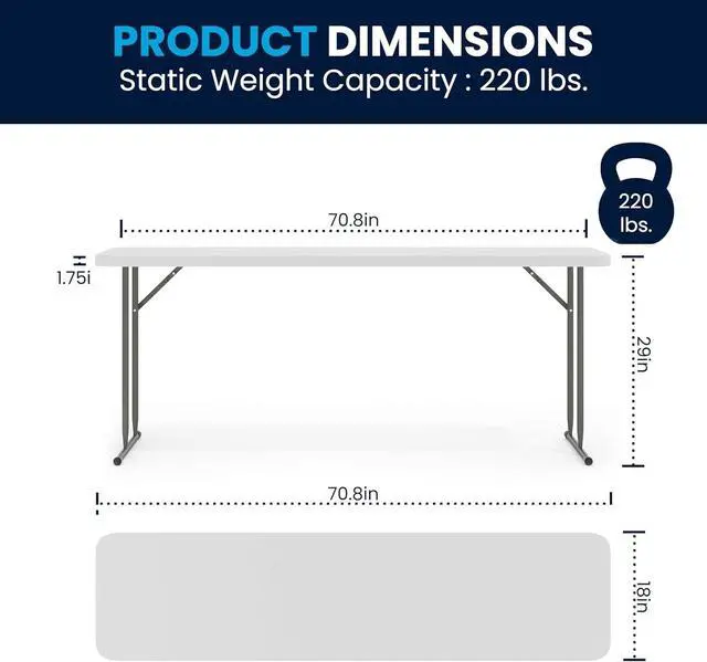 Alt view image 3 of 7 - 6-Foot Rectangular Plastic Folding Table, White Foldable Table for Indoor/Outdoor Events, 220 LBS Static Load, No Assembly