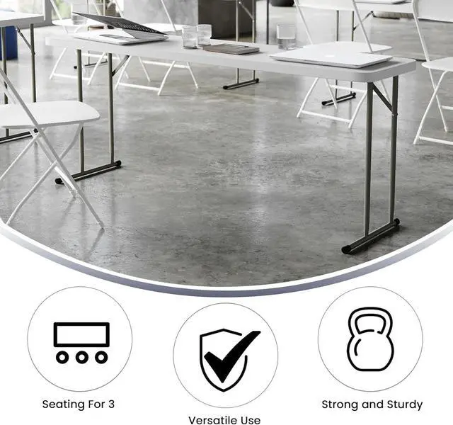 Alt view image 5 of 7 - 6-Foot Rectangular Plastic Folding Table, White Foldable Table for Indoor/Outdoor Events, 220 LBS Static Load, No Assembly