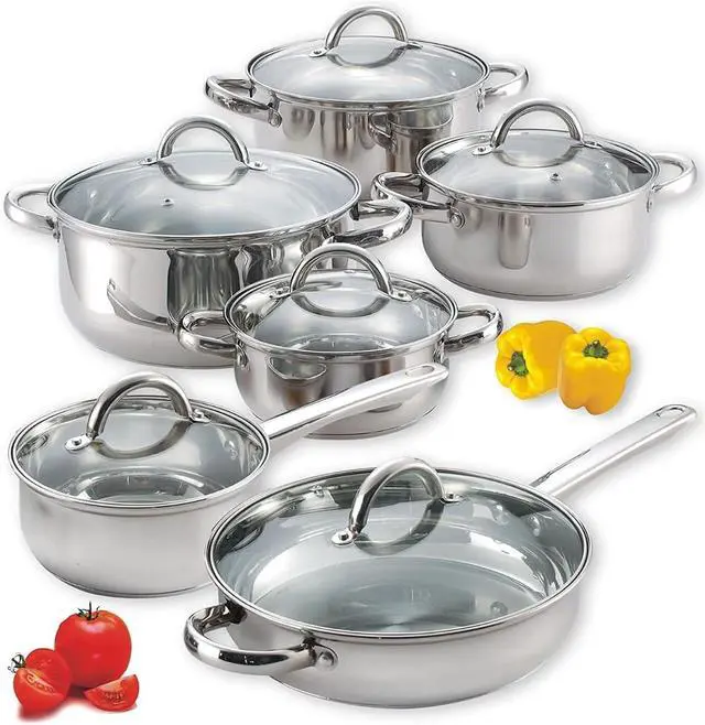 Main image of 12-Piece Basic Stainless Steel Cookware Set with Glass Lids, Induction Compatible Oven Safe Stackable Pots and Pans for Kitchen and Outdoor Cooking