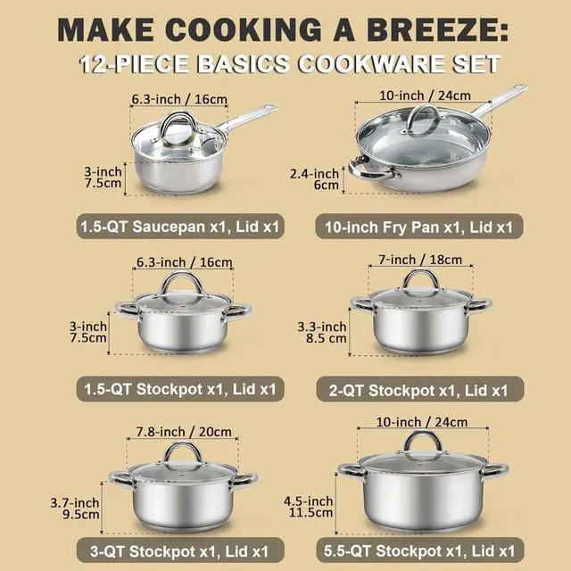 Alt view image 2 of 7 - 12-Piece Basic Stainless Steel Cookware Set with Glass Lids, Induction Compatible Oven Safe Stackable Pots and Pans for Kitchen and Outdoor Cooking