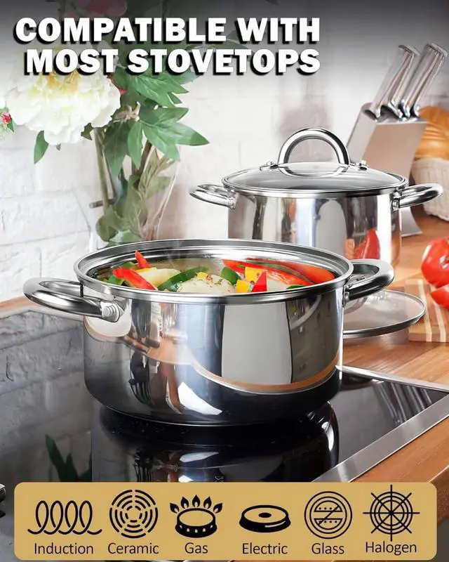 Alt view image 3 of 7 - 12-Piece Basic Stainless Steel Cookware Set with Glass Lids, Induction Compatible Oven Safe Stackable Pots and Pans for Kitchen and Outdoor Cooking