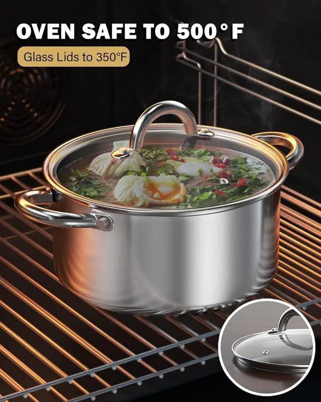 Alt view image 6 of 7 - 12-Piece Basic Stainless Steel Cookware Set with Glass Lids, Induction Compatible Oven Safe Stackable Pots and Pans for Kitchen and Outdoor Cooking